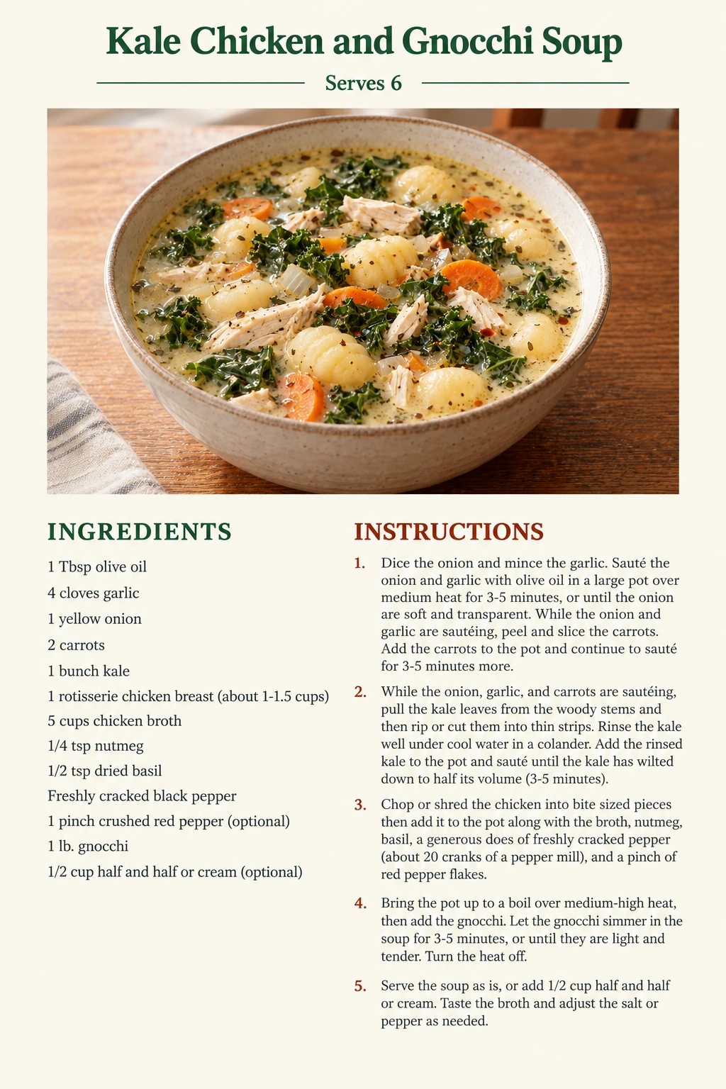 Saved Kale Chicken and Gnocchi Soup recipe card; accessible ingredients and instructions are listed above.
