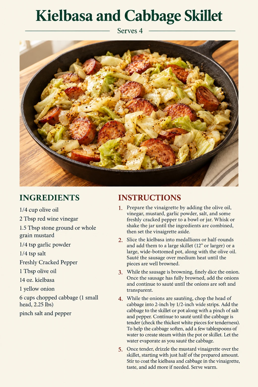 Saved Kielbasa and Cabbage Skillet recipe card; accessible ingredients and instructions are listed above.