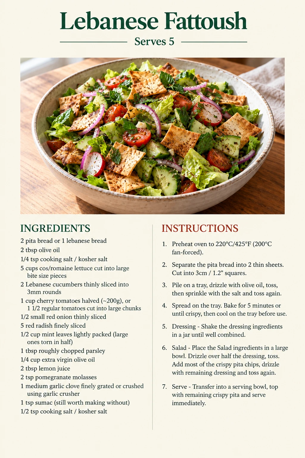 Saved Lebanese Fattoush recipe card; accessible ingredients and instructions are listed above.