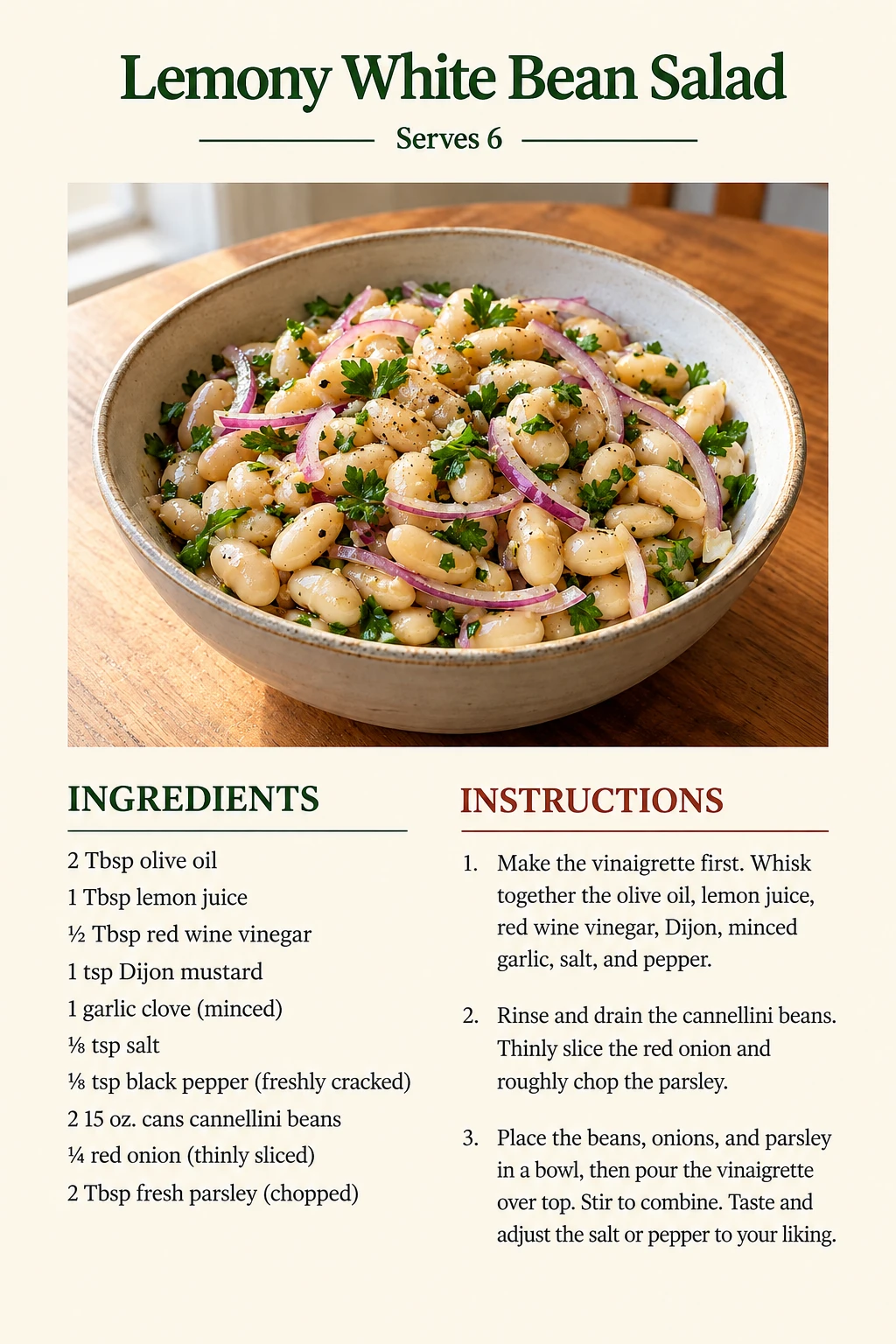 Saved Lemony White Bean Salad recipe card; accessible ingredients and instructions are listed above.