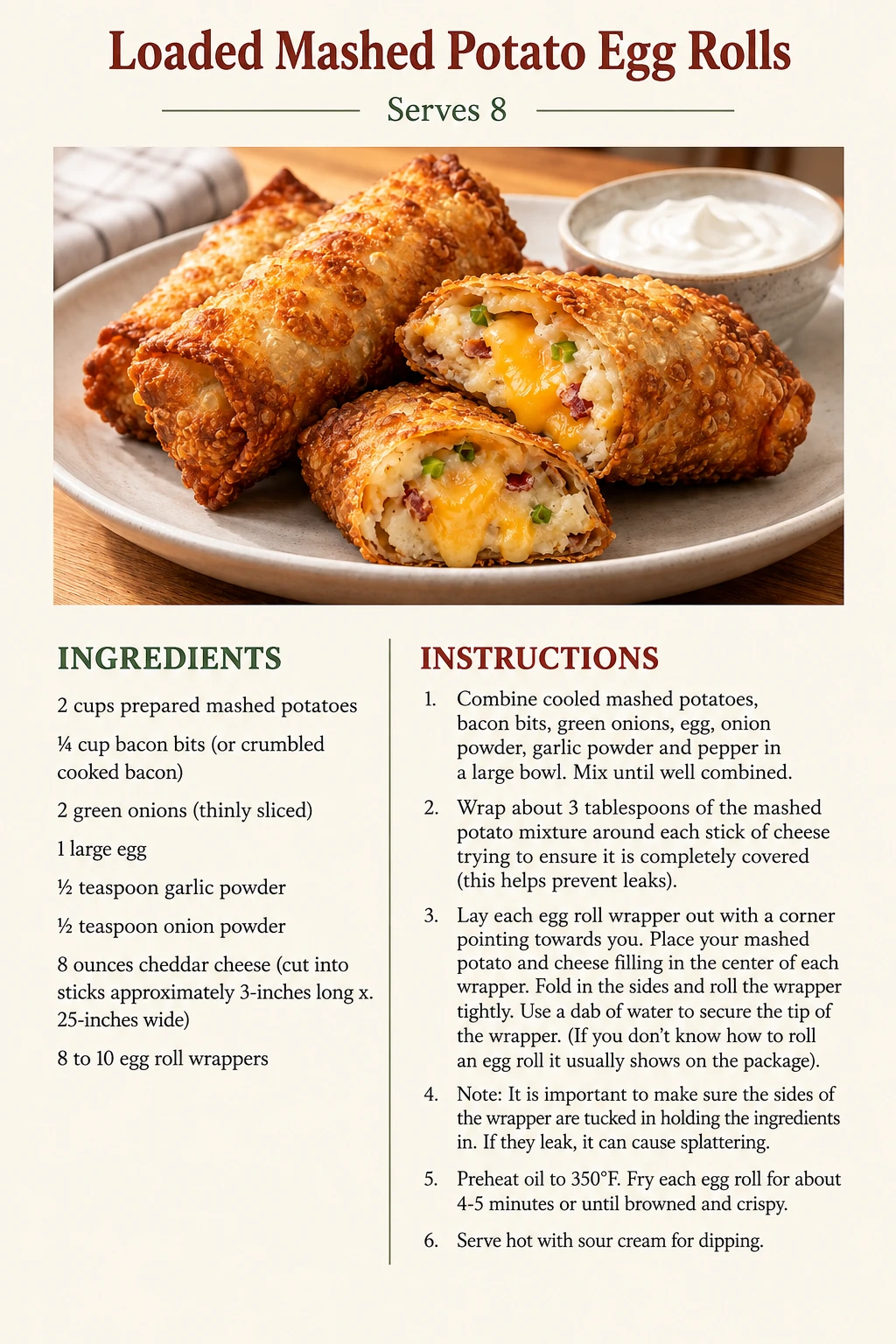 Saved Loaded Mashed Potato Egg Rolls recipe card; accessible ingredients and instructions are listed above.