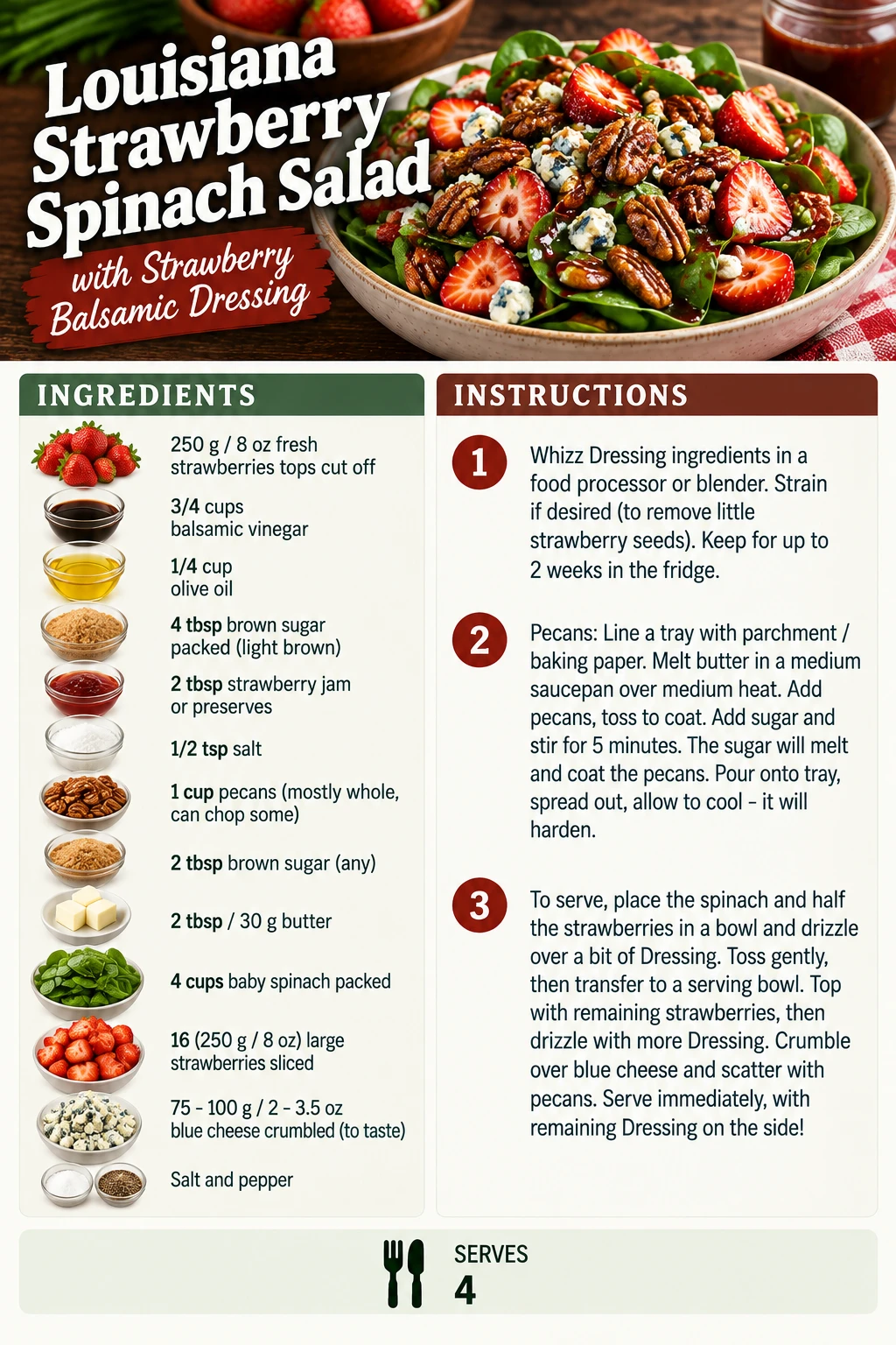 Saved Louisiana Strawberry Spinach Salad with Strawberry Balsamic Dressing recipe card; accessible ingredients and instructions are listed above.