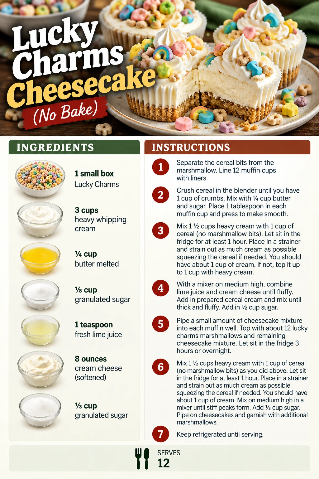 Saved Lucky Charms Cheesecake (No Bake) recipe card; accessible ingredients and instructions are listed above.
