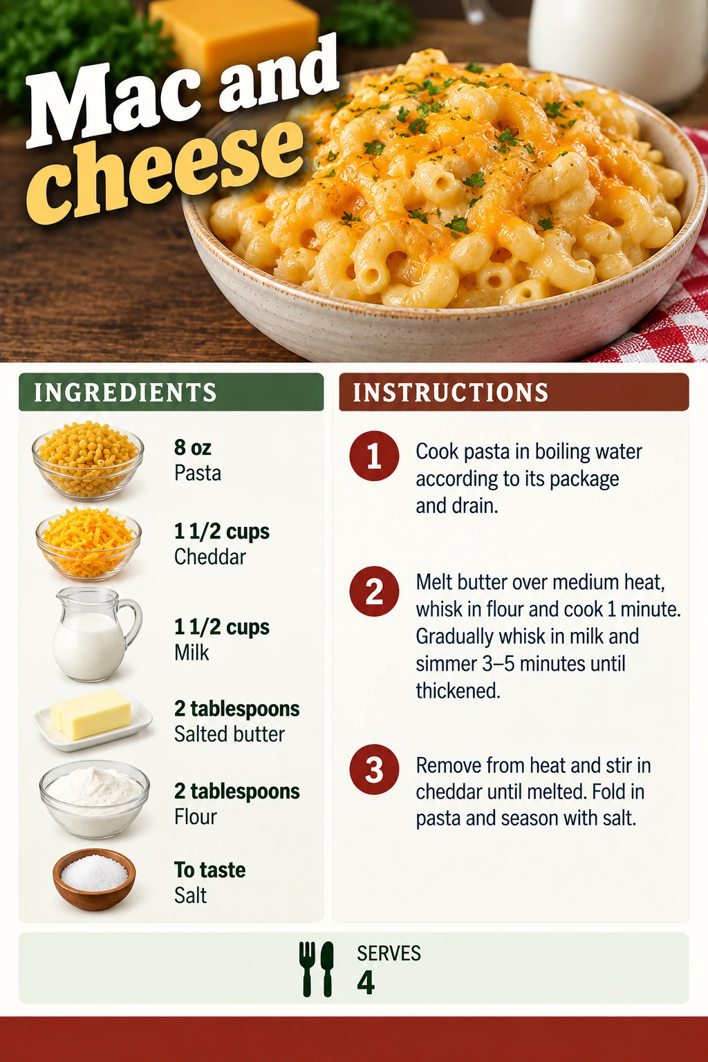 Saved Mac and cheese recipe card; accessible ingredients and instructions are listed above.