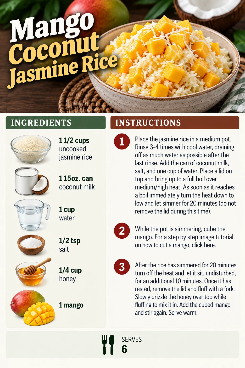 Saved Mango Coconut Jasmine Rice recipe card; accessible ingredients and instructions are listed above.