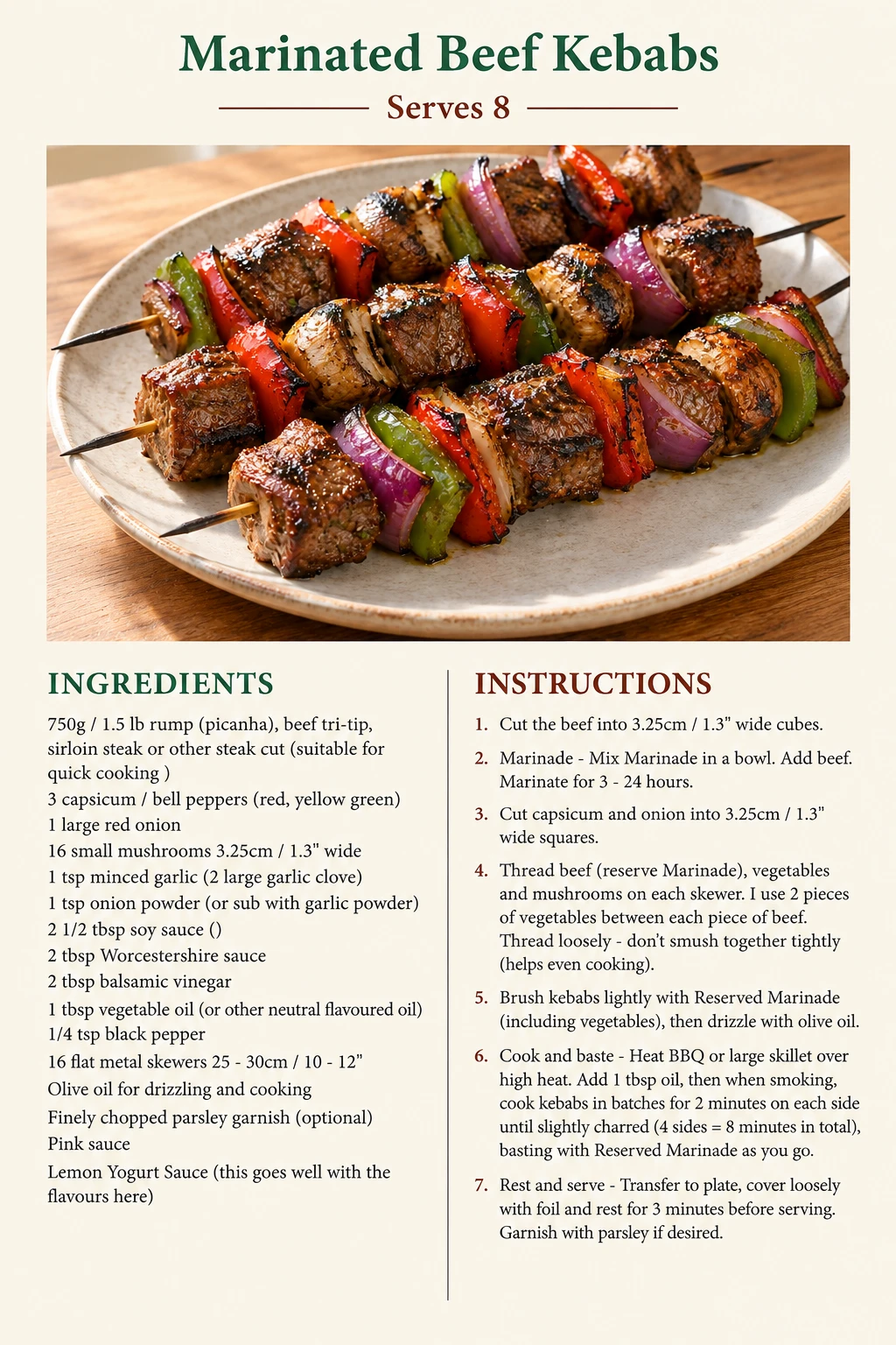 Saved Marinated Beef Kebabs recipe card; accessible ingredients and instructions are listed above.
