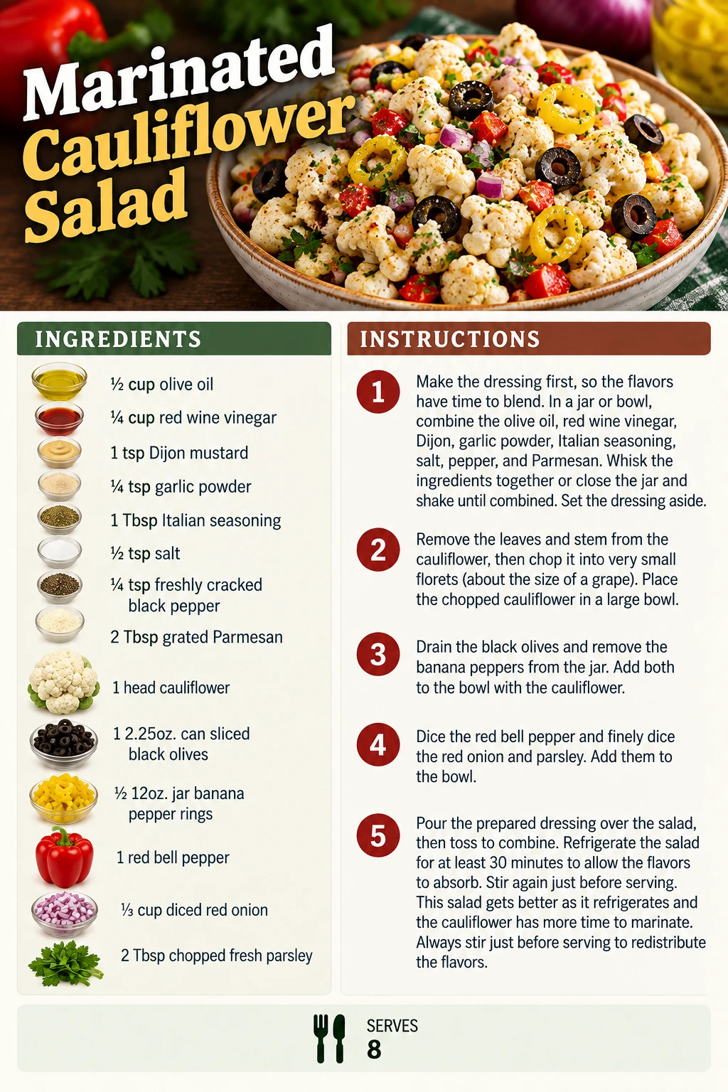 Saved Marinated Cauliflower Salad recipe card; accessible ingredients and instructions are listed above.