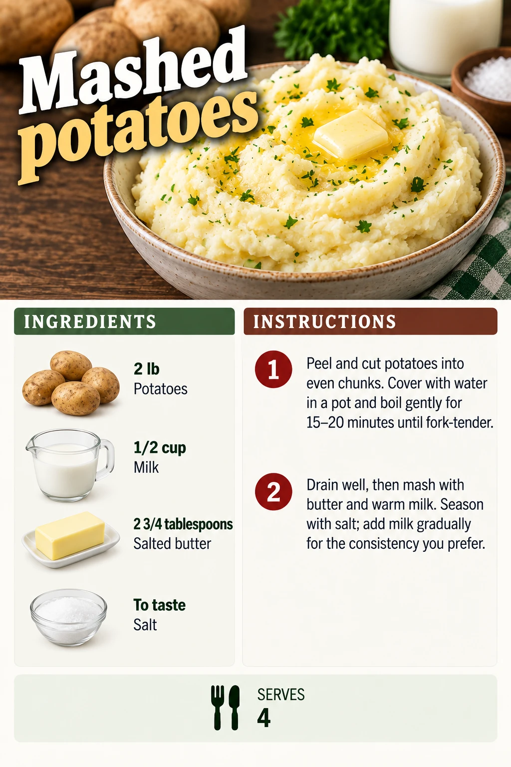 Saved Mashed potatoes recipe card; accessible ingredients and instructions are listed above.