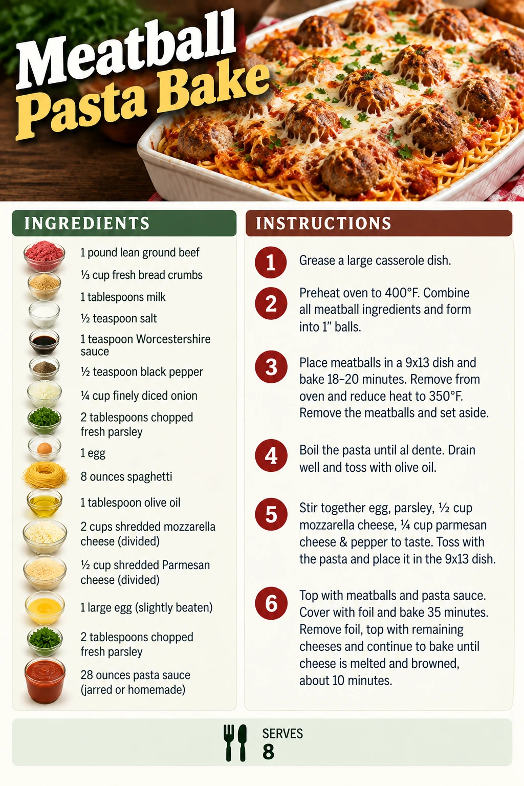 Saved Meatball Pasta Bake recipe card; accessible ingredients and instructions are listed above.