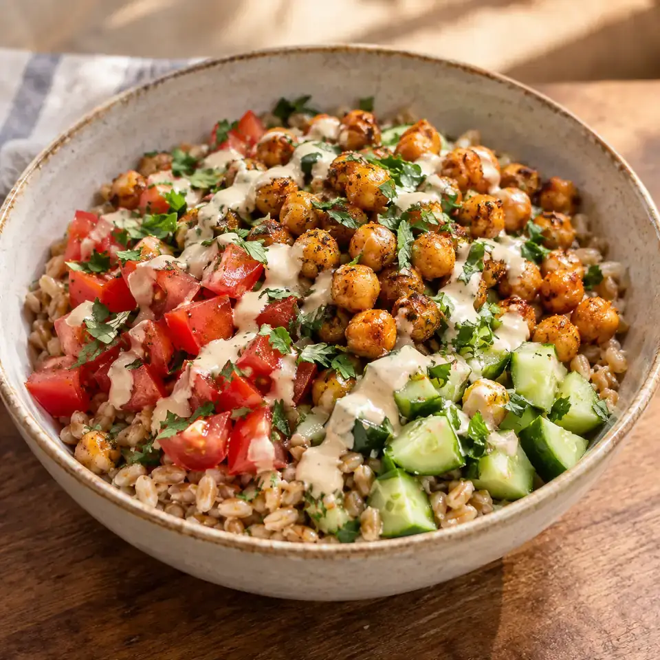 Mediterranean Farro Salad with Spiced Chickpeas — serving inspiration