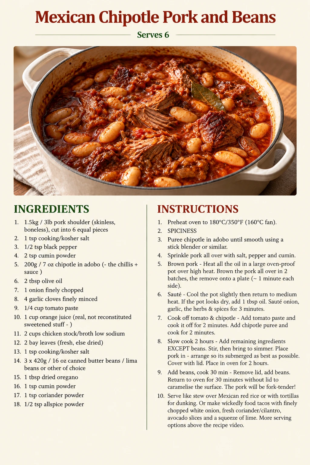 Saved Mexican Chipotle Pork and Beans recipe card; accessible ingredients and instructions are listed above.