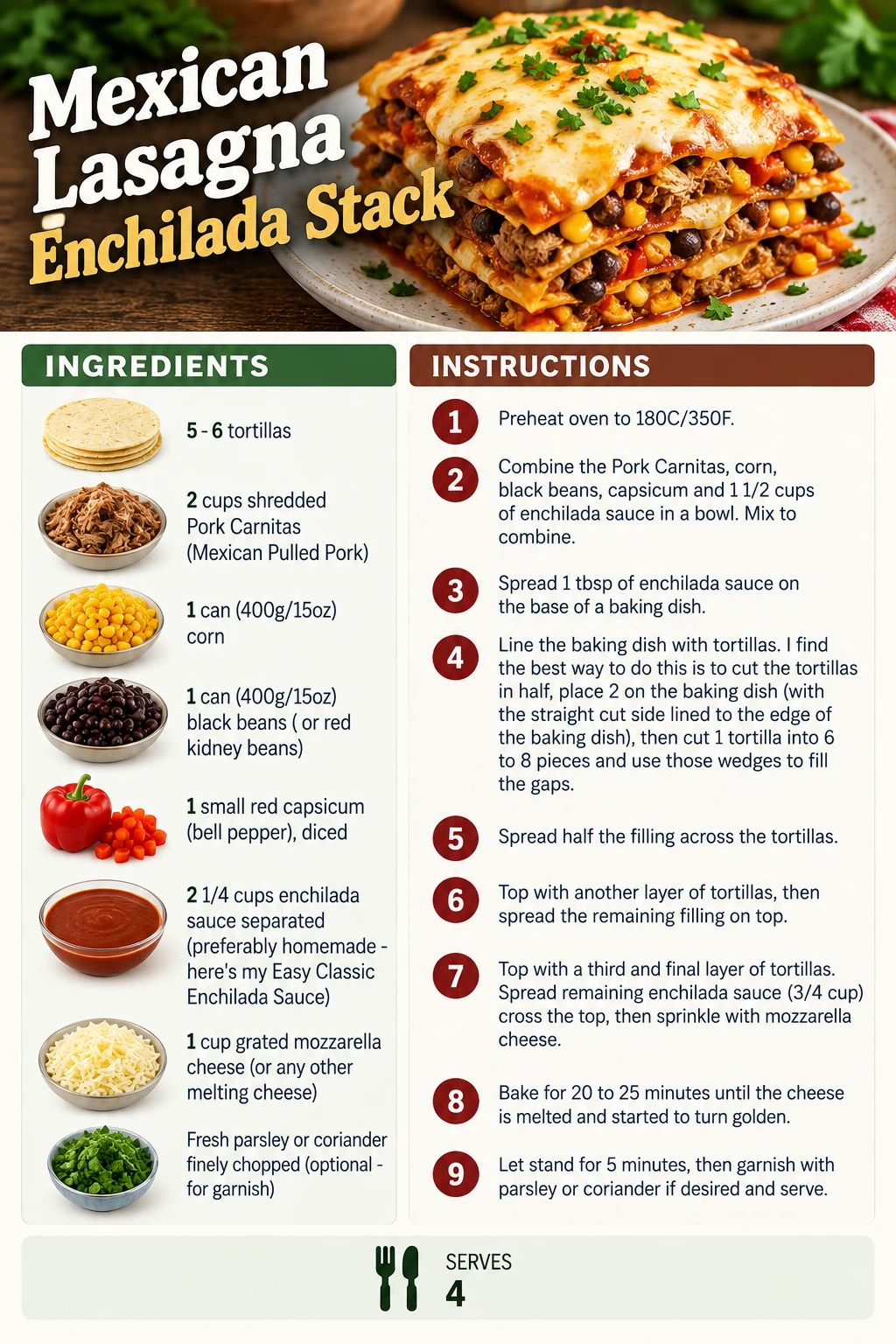 Saved Mexican Lasagna Enchilada Stack recipe card; accessible ingredients and instructions are listed above.