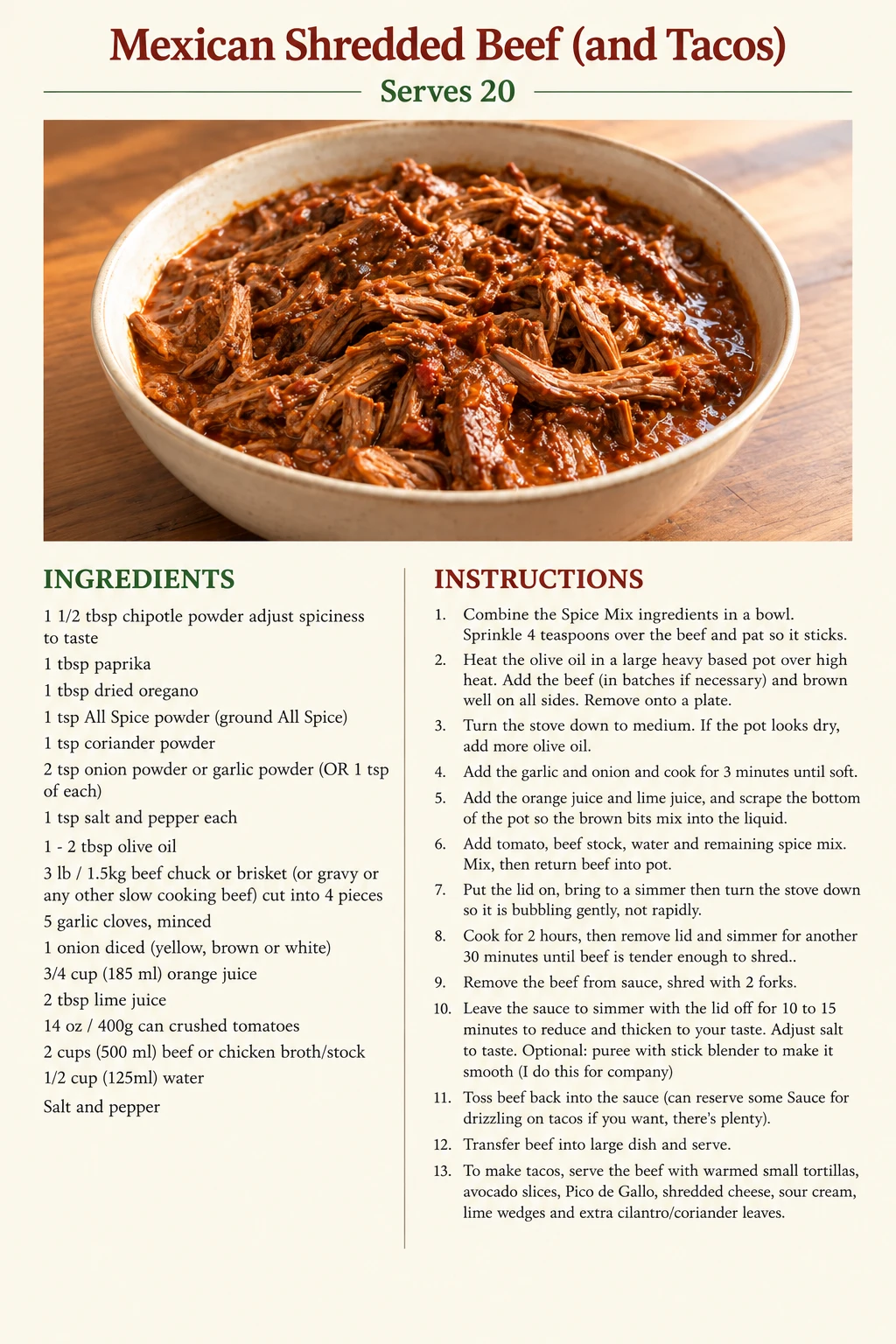 Saved Mexican Shredded Beef (and Tacos) recipe card; accessible ingredients and instructions are listed above.
