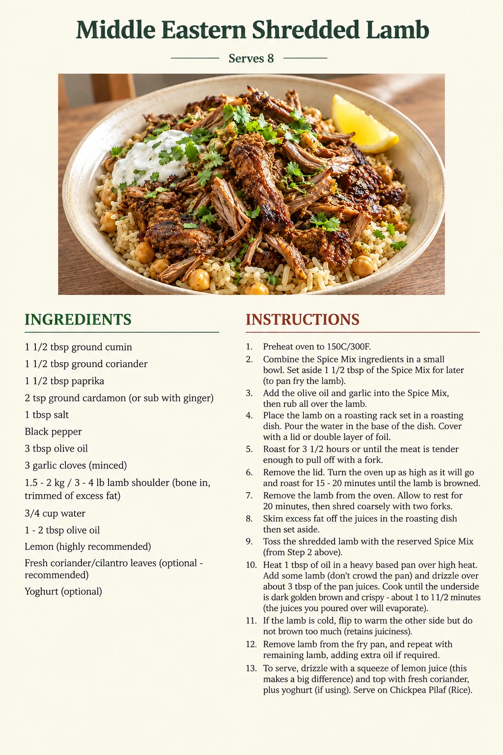 Saved Middle Eastern Shredded Lamb recipe card; accessible ingredients and instructions are listed above.