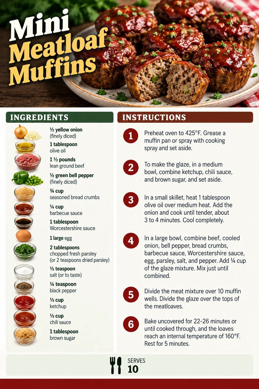 Saved Mini Meatloaf Muffins recipe card; accessible ingredients and instructions are listed above.