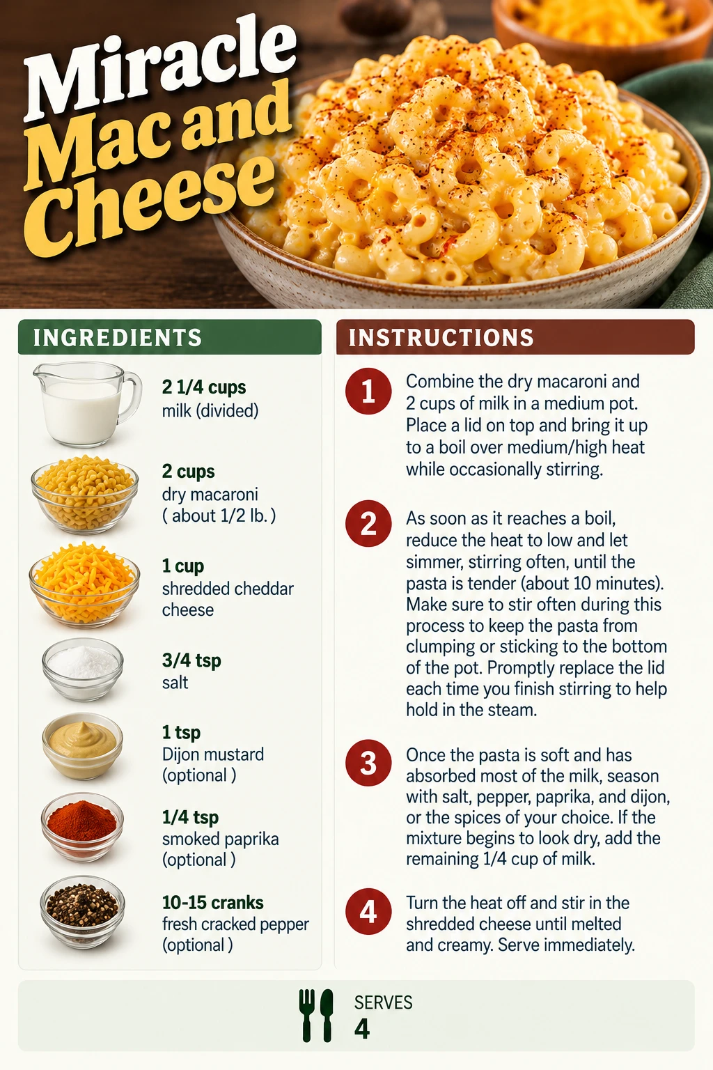 Saved Miracle Mac and Cheese recipe card; accessible ingredients and instructions are listed above.