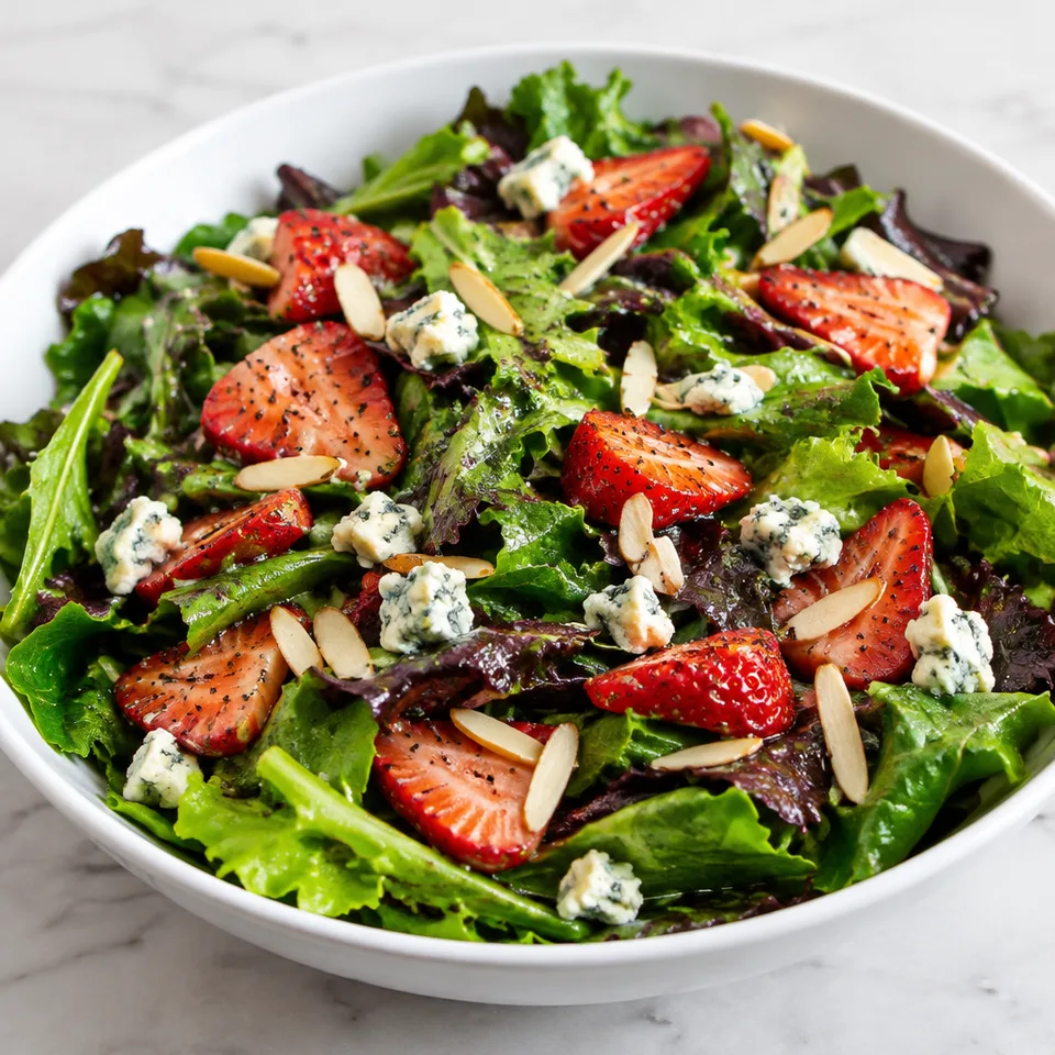 Mixed Baby Greens with Strawberries, Gorgonzola and Poppy Seed Dressing — serving inspiration