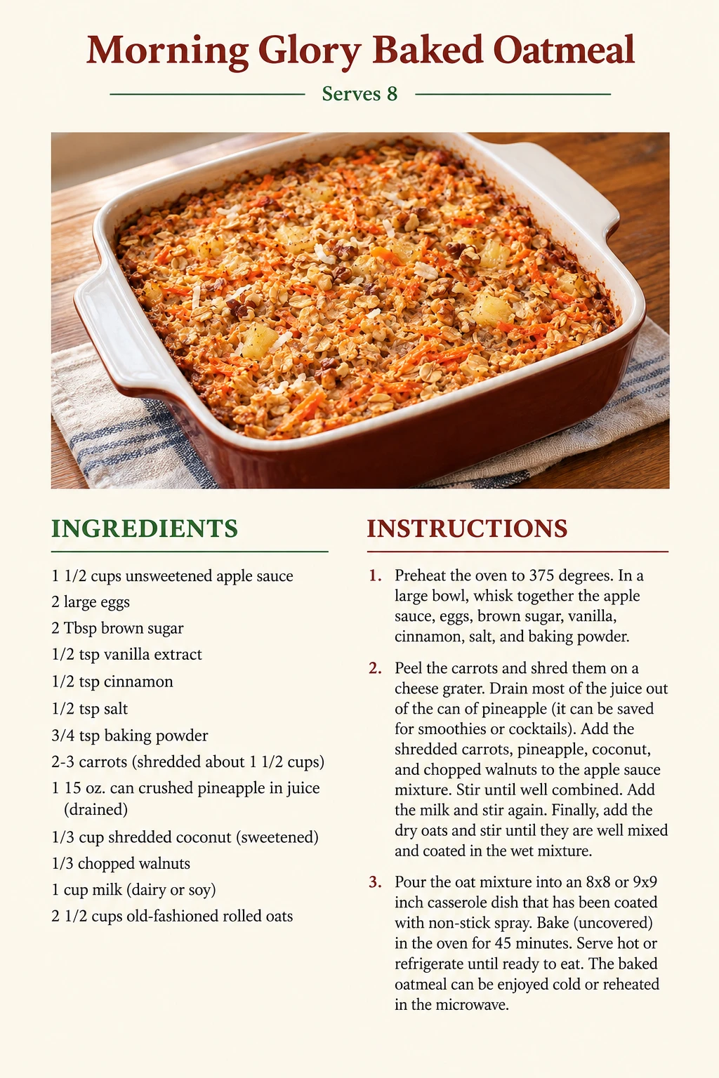 Saved Morning Glory Baked Oatmeal recipe card; accessible ingredients and instructions are listed above.