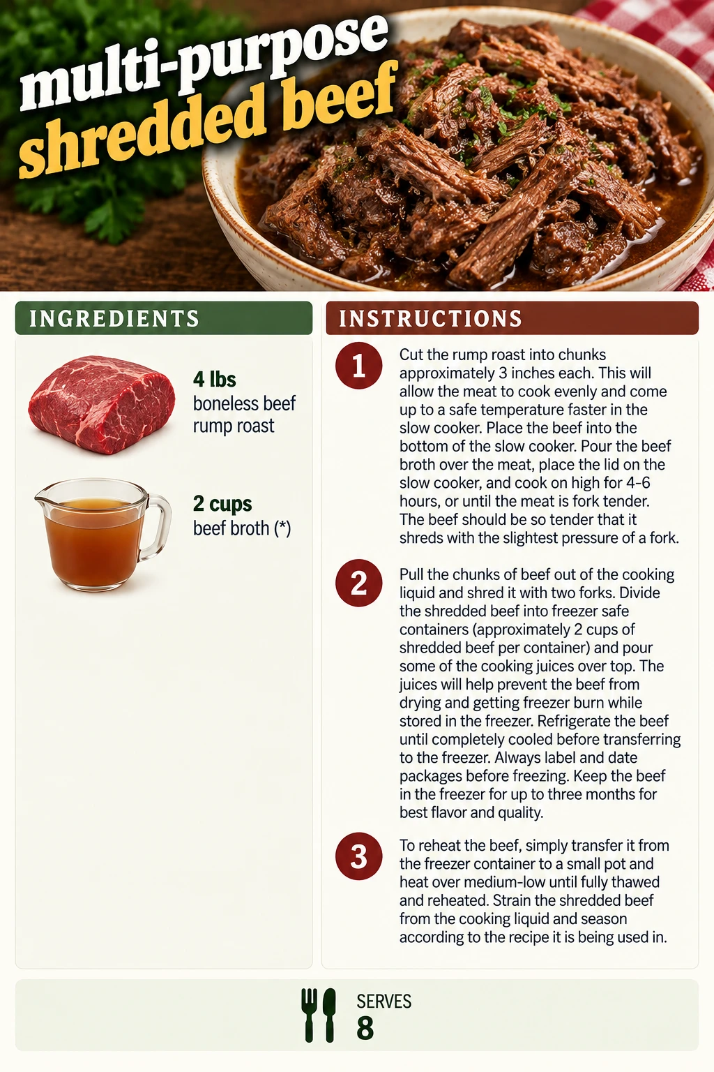 Saved multi-purpose shredded beef recipe card; accessible ingredients and instructions are listed above.
