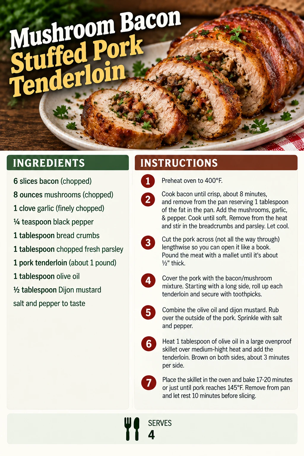Saved Mushroom Bacon Stuffed Pork Tenderloin recipe card; accessible ingredients and instructions are listed above.