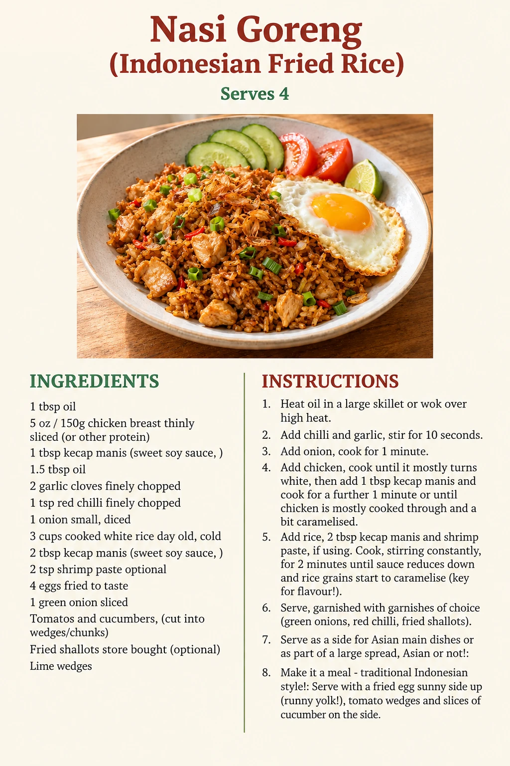 Saved Nasi Goreng (Indonesian Fried Rice) recipe card; accessible ingredients and instructions are listed above.