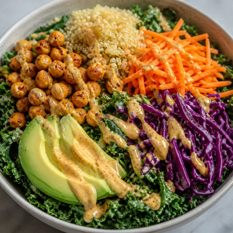 Nourish Buddha Bowl with Harissa Tahini Dressing — serving inspiration