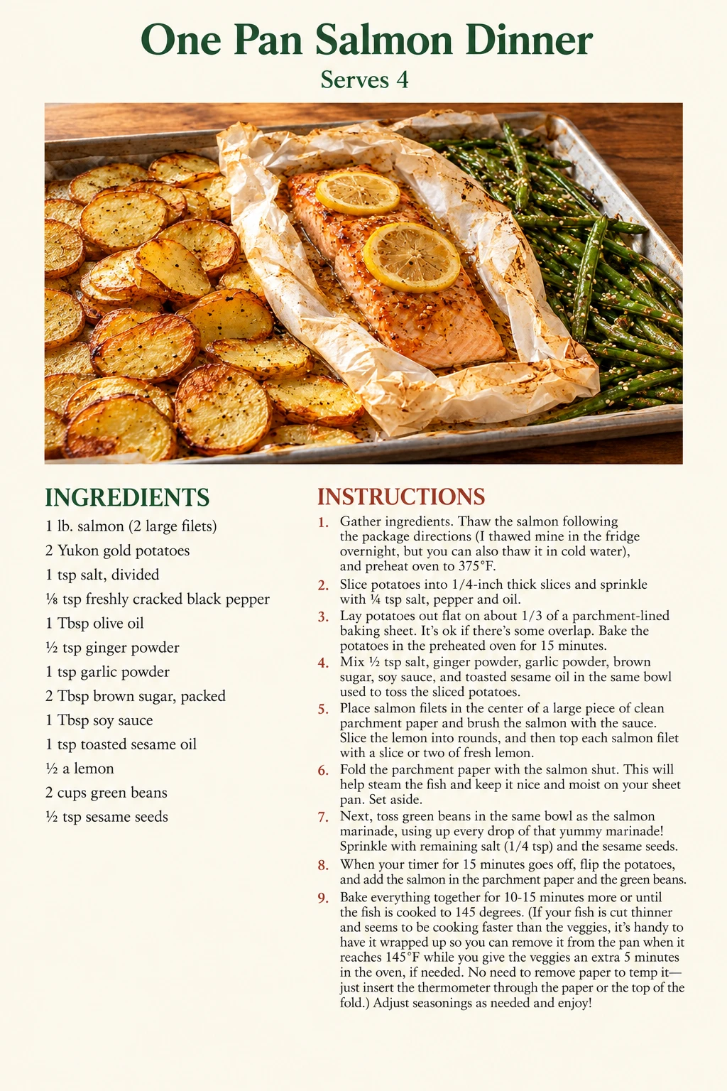 Saved One Pan Salmon Dinner recipe card; accessible ingredients and instructions are listed above.