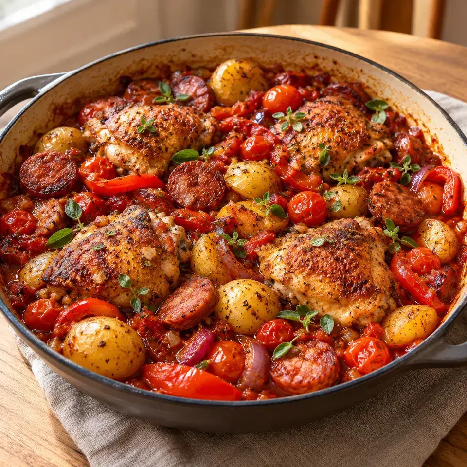 One Pan Spanish Chicken with Chorizo, Tomato and Potatoes — serving inspiration