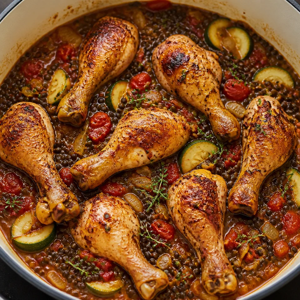 One Pot Chicken Drumsticks with Beluga Lentils — serving inspiration