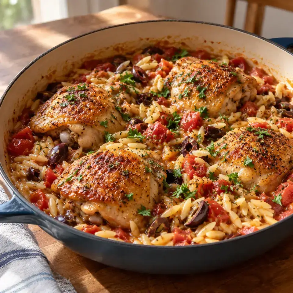 One Pot Chicken with Orzo and Olives — serving inspiration