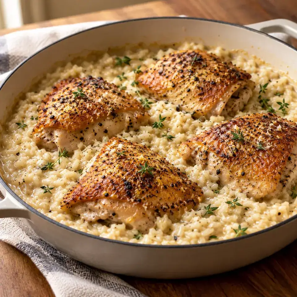 One Pot Creamy Parmesan Garlic Risotto with Lemon Pepper Chicken — serving inspiration