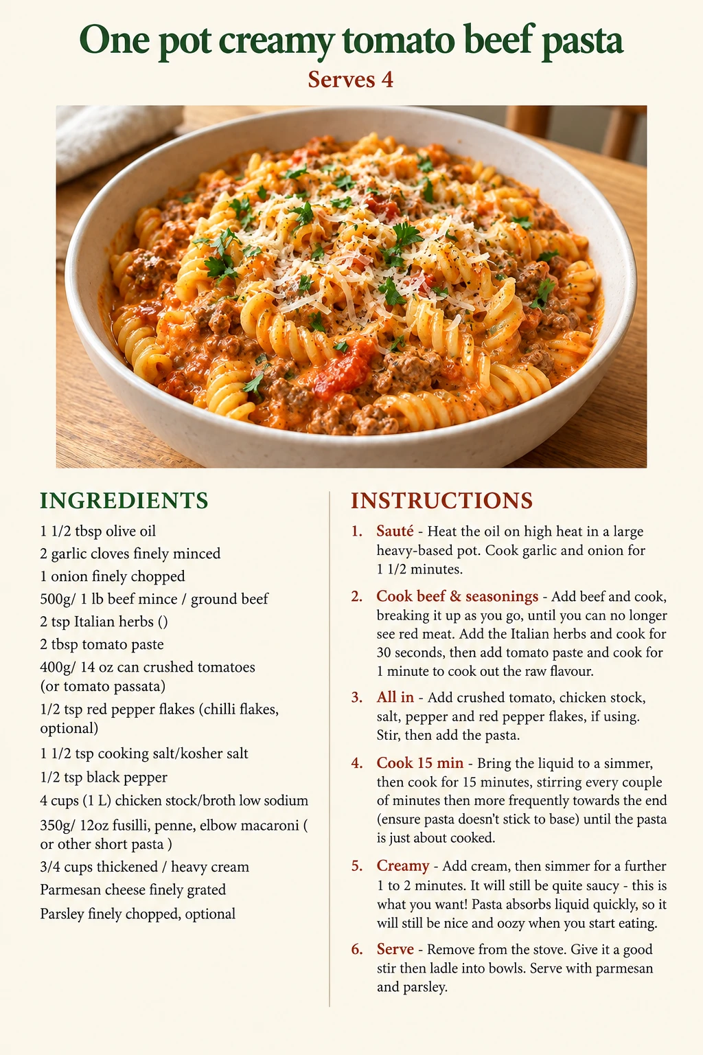 Saved One pot creamy tomato beef pasta recipe card; accessible ingredients and instructions are listed above.