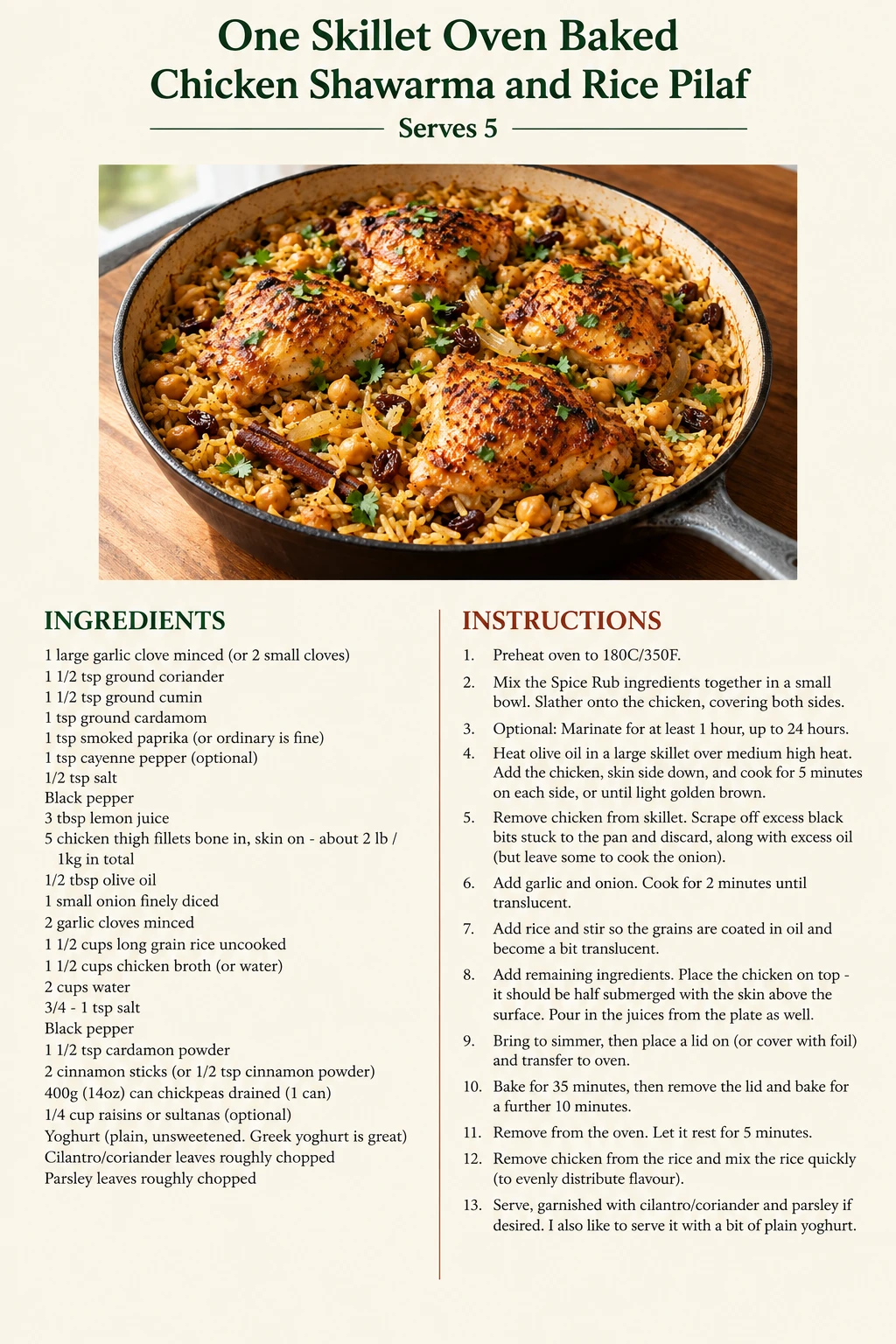 Saved One Skillet Oven Baked Chicken Shawarma and Rice Pilaf recipe card; accessible ingredients and instructions are listed above.