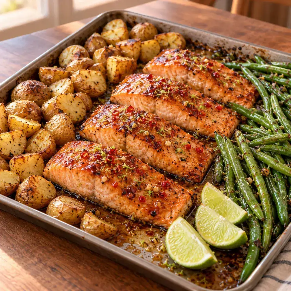 One Tray Oven Baked Honey Chili Lime Salmon with Potatoes and Beans — serving inspiration