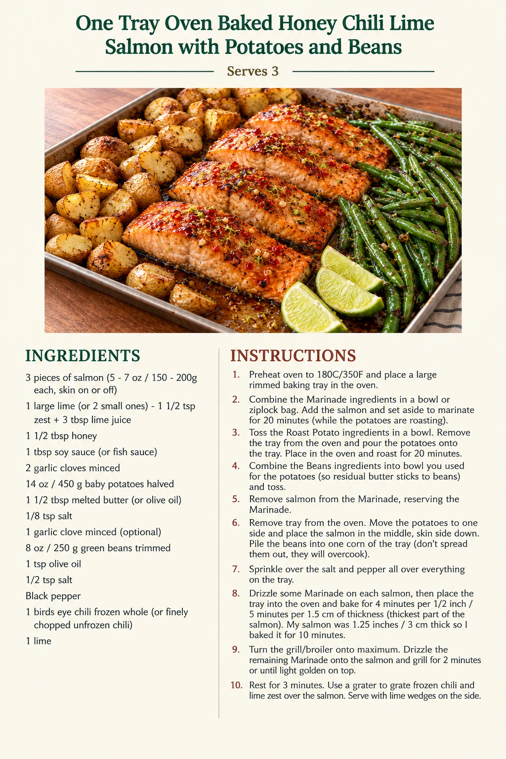 Saved One Tray Oven Baked Honey Chili Lime Salmon with Potatoes and Beans recipe card; accessible ingredients and instructions are listed above.