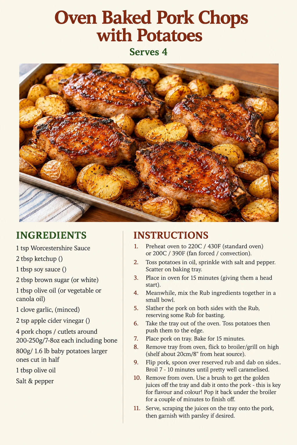 Saved Oven Baked Pork Chops with Potatoes recipe card; accessible ingredients and instructions are listed above.