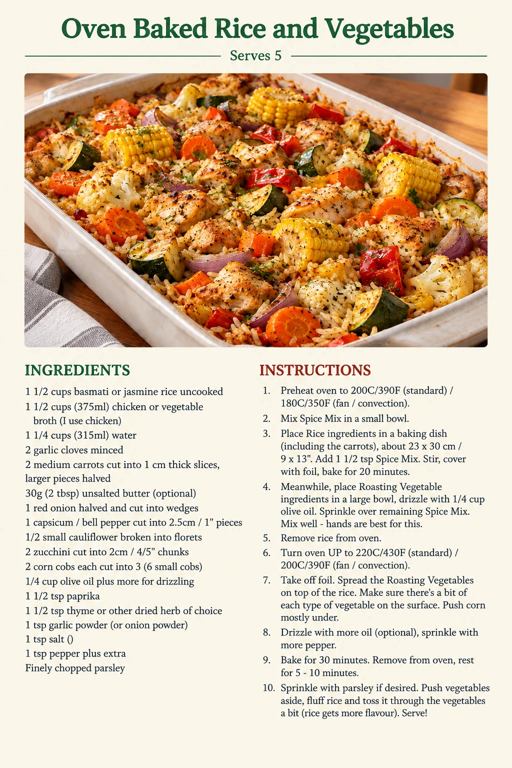 Saved Oven Baked Rice and Vegetables recipe card; accessible ingredients and instructions are listed above.