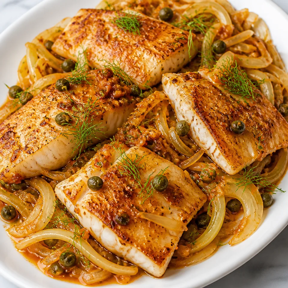 Pan-Seared White Fish with Harissa-Fennel and Capers — serving inspiration
