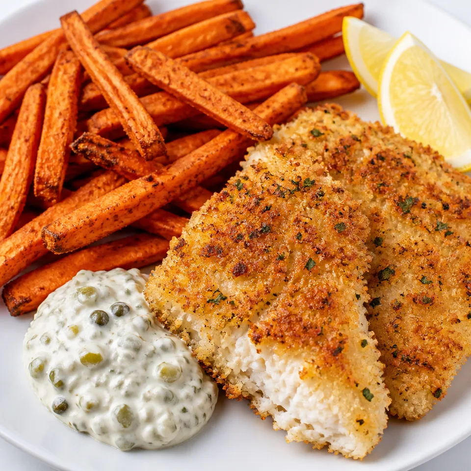 Panko Crusted Tilapia with Paprika Sweet Potato Fries — serving inspiration