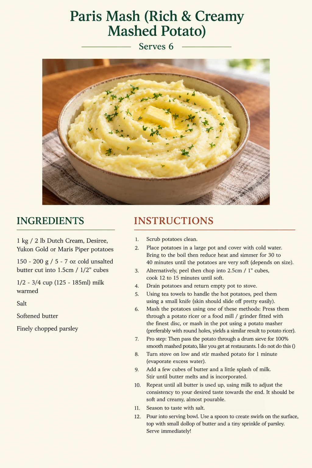 Saved Paris Mash (Rich & Creamy Mashed Potato) recipe card; accessible ingredients and instructions are listed above.