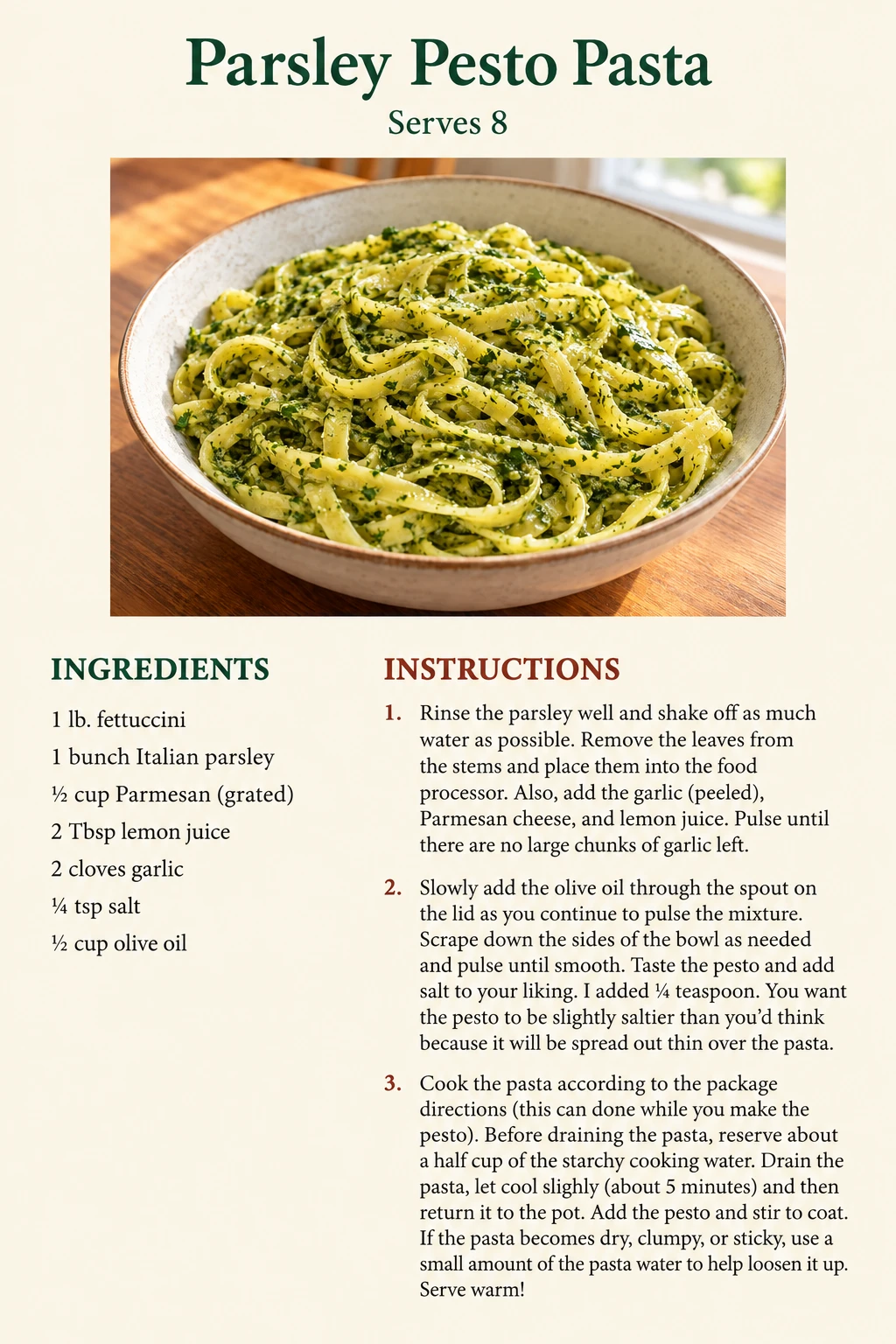 Saved Parsley Pesto Pasta recipe card; accessible ingredients and instructions are listed above.
