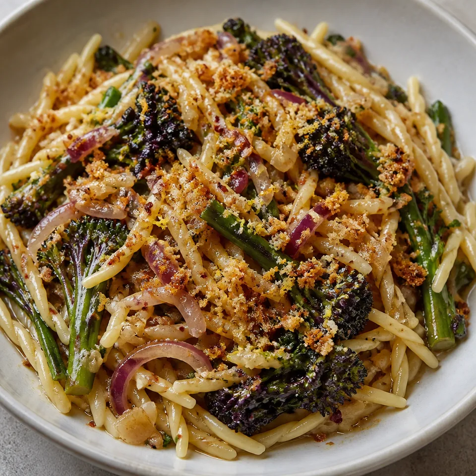 Pasta & purple sprouting broccoli with anchovies, garlic & preserved lemon — serving inspiration
