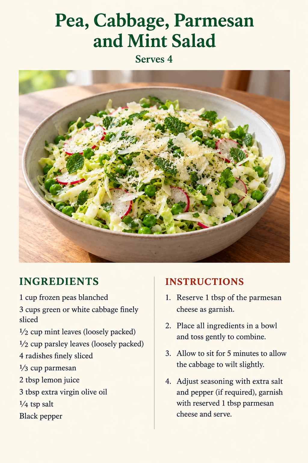 Saved Pea, Cabbage, Parmesan and Mint Salad recipe card; accessible ingredients and instructions are listed above.
