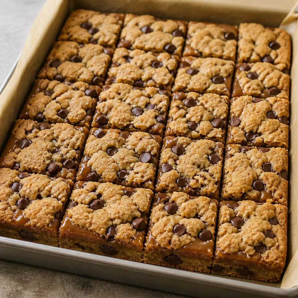 Peanut Butter Caramel Chocolate Chip Cookie Bars — serving inspiration