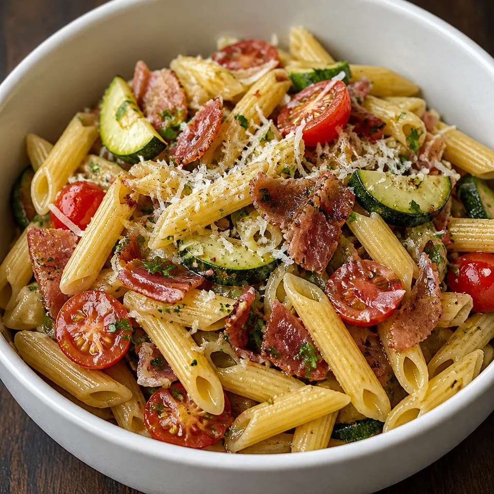 Penne with Prosciutto, Tomatoes and Zucchini — serving inspiration