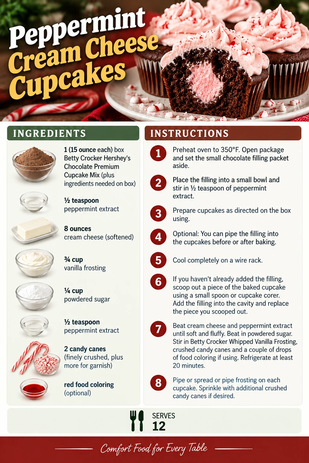 Saved Peppermint Cream Cheese Cupcakes recipe card; accessible ingredients and instructions are listed above.