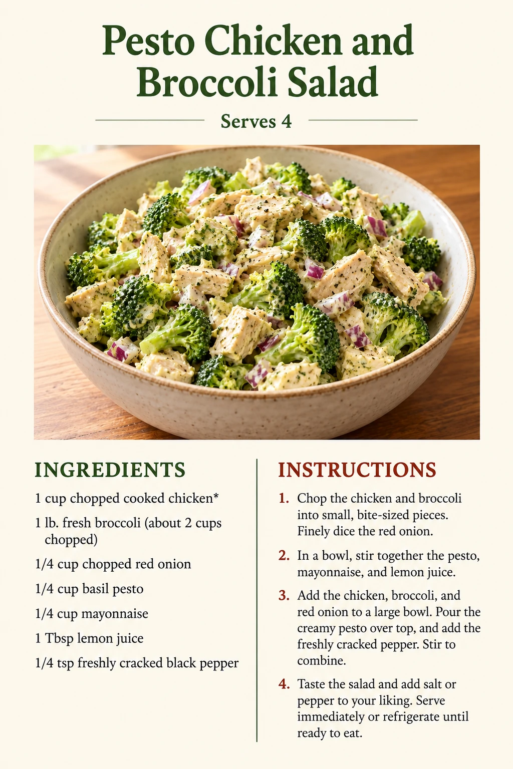 Saved Pesto Chicken and Broccoli Salad recipe card; accessible ingredients and instructions are listed above.