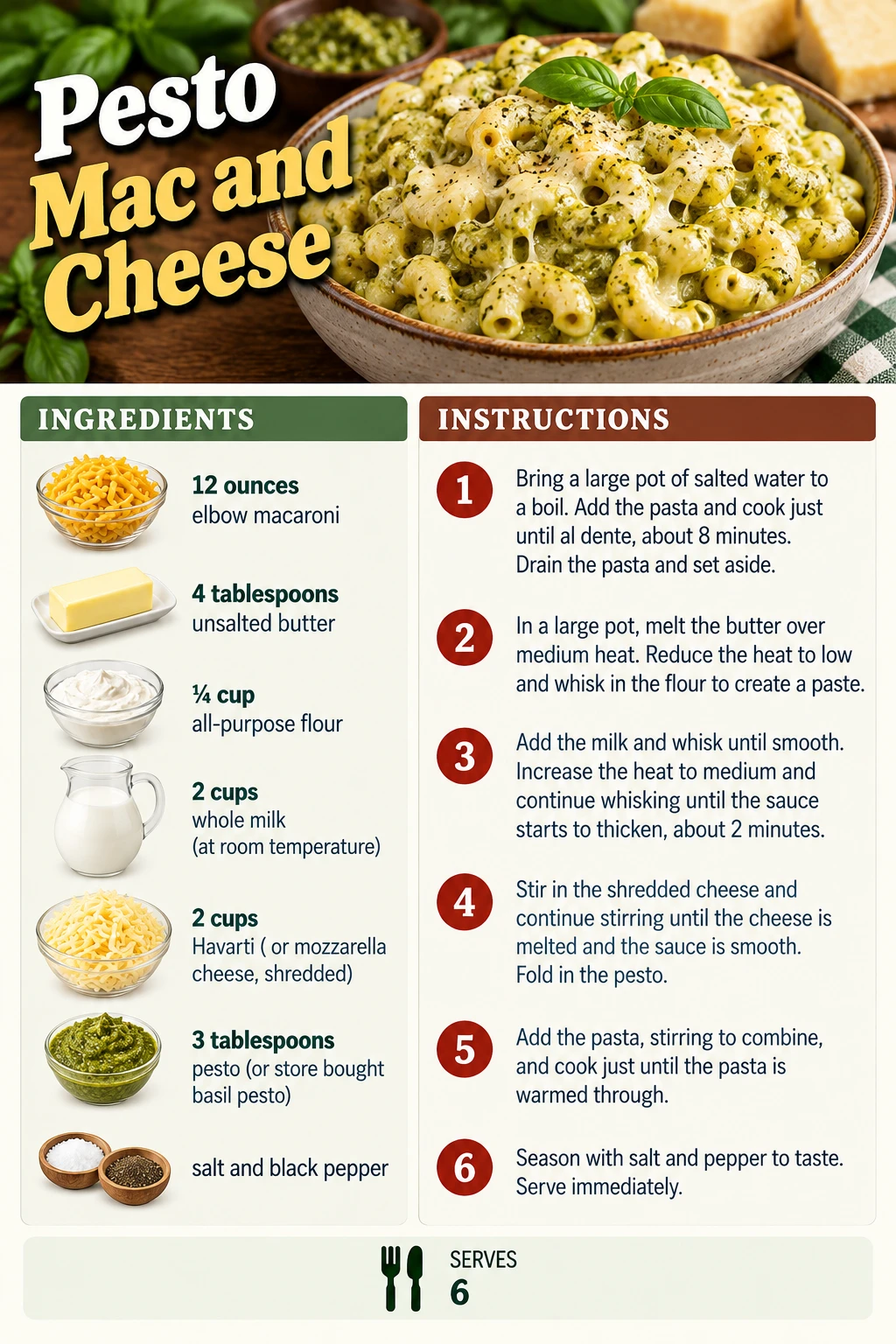 Saved Pesto Mac and Cheese recipe card; accessible ingredients and instructions are listed above.
