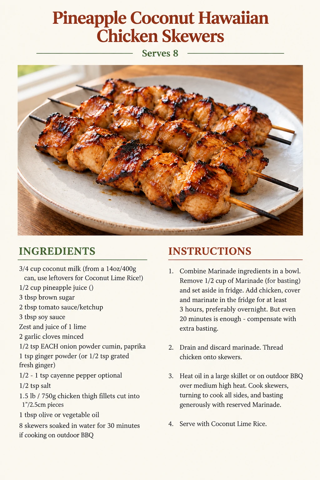 Saved Pineapple Coconut Hawaiian Chicken Skewers recipe card; accessible ingredients and instructions are listed above.