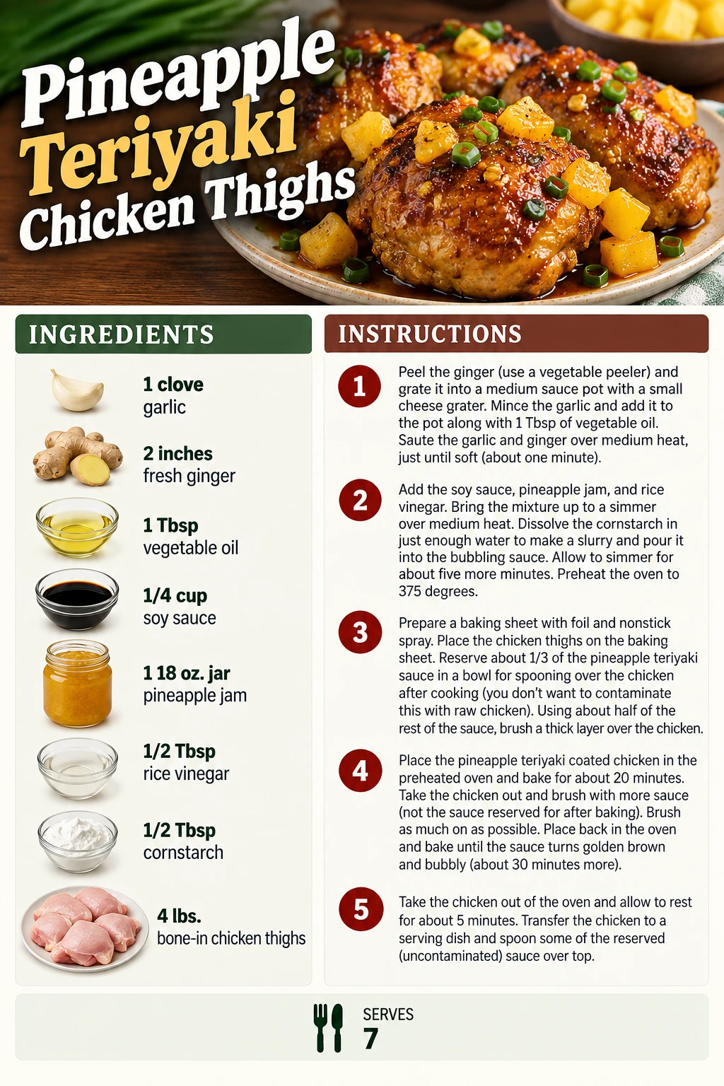 Saved Pineapple Teriyaki Chicken Thighs recipe card; accessible ingredients and instructions are listed above.